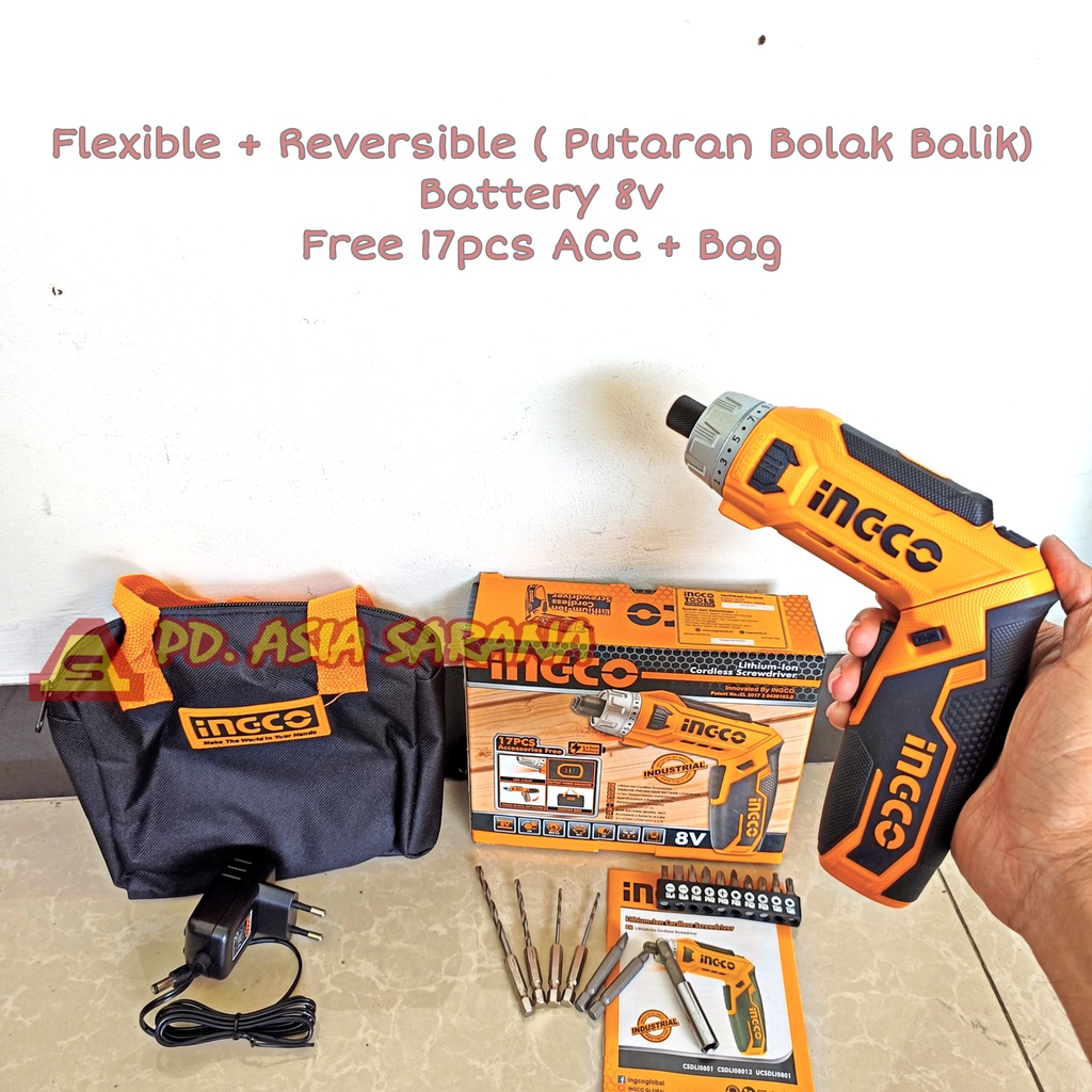 Jual Cordless Screwdriver 8v Set INGCO CSDLI0801 Flexible Bor Obeng
