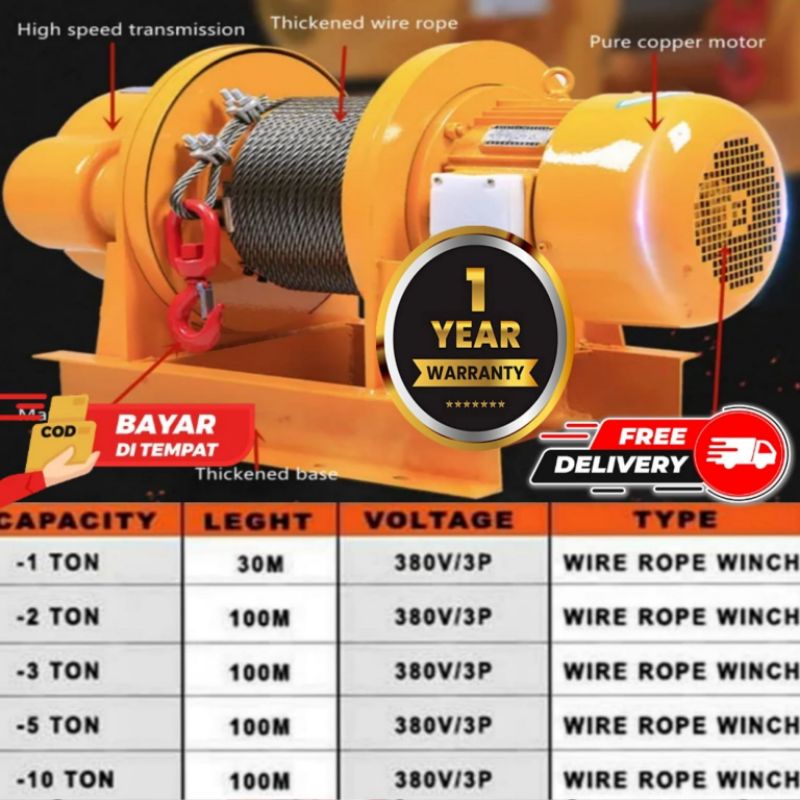 Jual electric wire rope winch 10 ton 200 meter | Shopee Indonesia