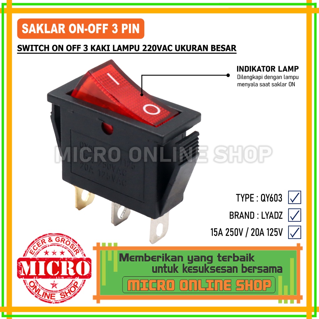 Jual Switch On/Off 3 Pin Gepeng Besar + Lampu AC / Saklar On Off 3 Kaki ...
