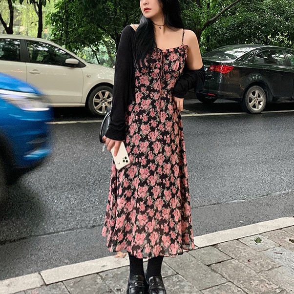 Jual Fashion Lengan Panjang Rajutan Cardigan Bunga Gaun Dua Potong