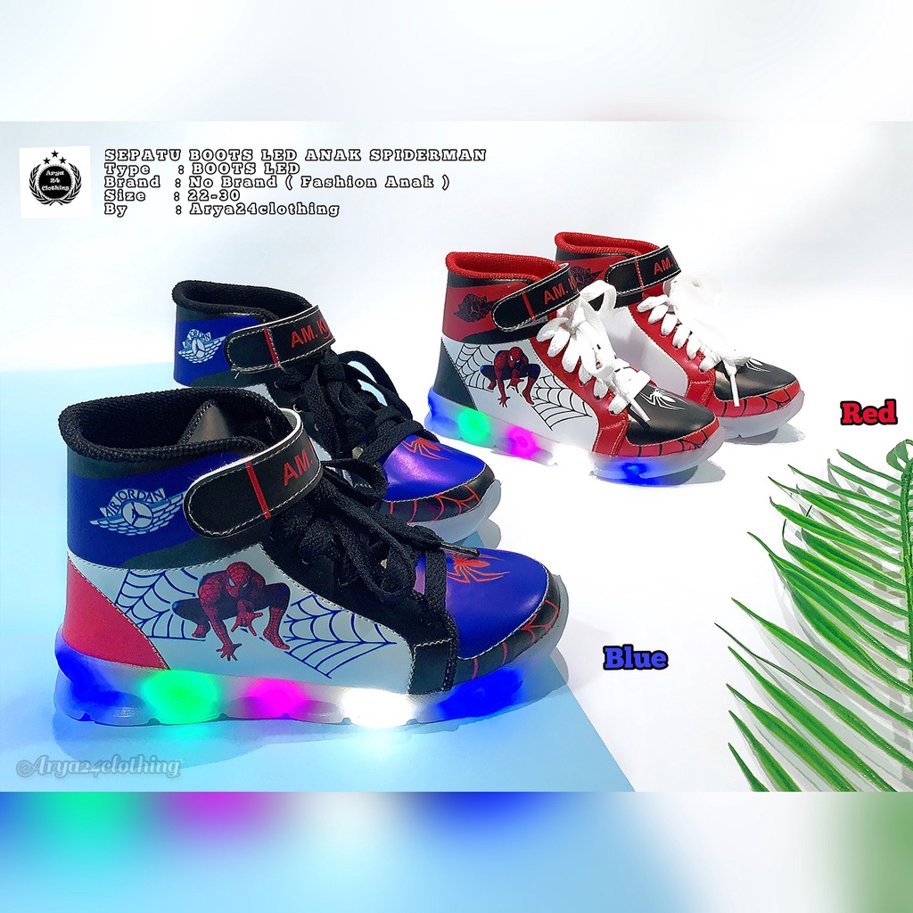 Jual SEPATU NYALA ANAK LAKI-LAKI BOOT MOTIF SPIDERMAN LAMPU LED