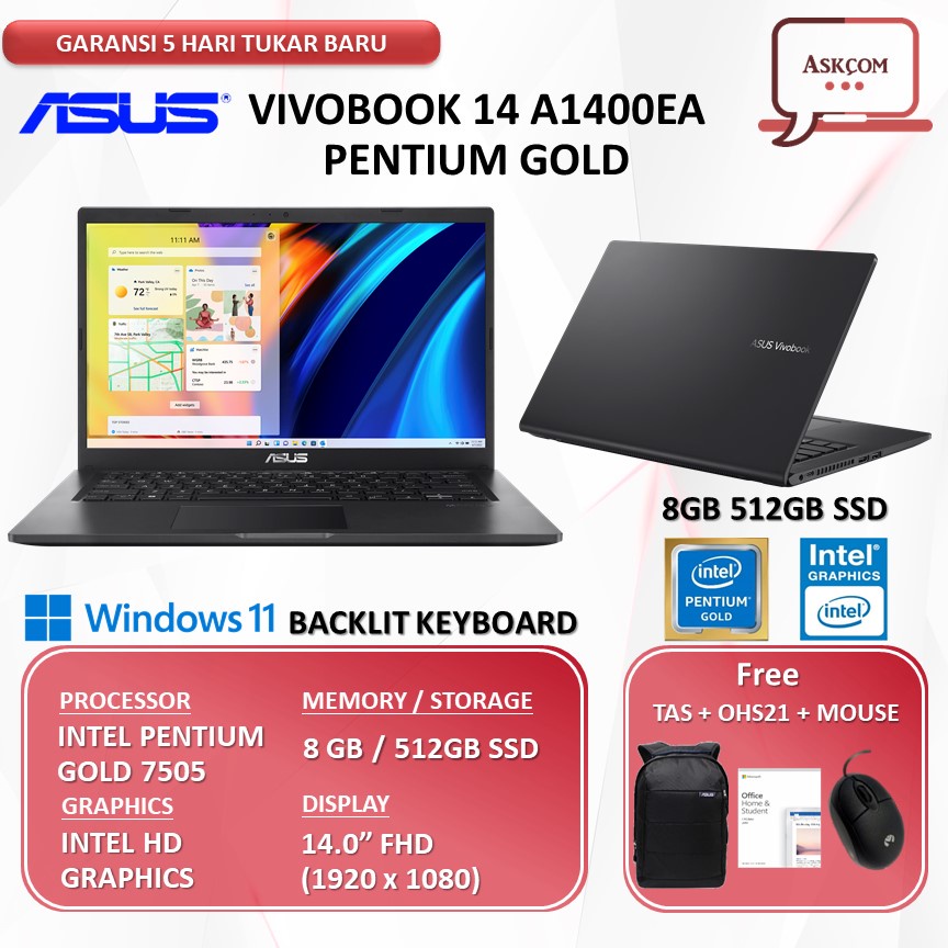 Jual Laptop Asus Vivobook 14 A1400ea Fhd7523 Pentium Gold 7505 Ram 8gb 512gb Ssd Ohs 140fhd 3143