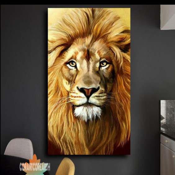Jual Lukisan dinding kanvas singa sang raja hutan gagah berani + frame ...