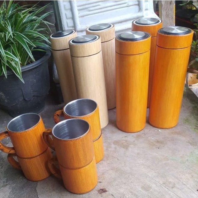 Jual Satu Set Termos Tumbler Botol Bambu Plus Cangkir Gelas Mug Bambu Stainless Siap Pakai Food 0413