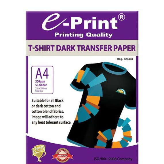 Jual E-Print T-Shirt Dark Transfer Paper A4 300 GSM 1 Pak 5 Lembar ...