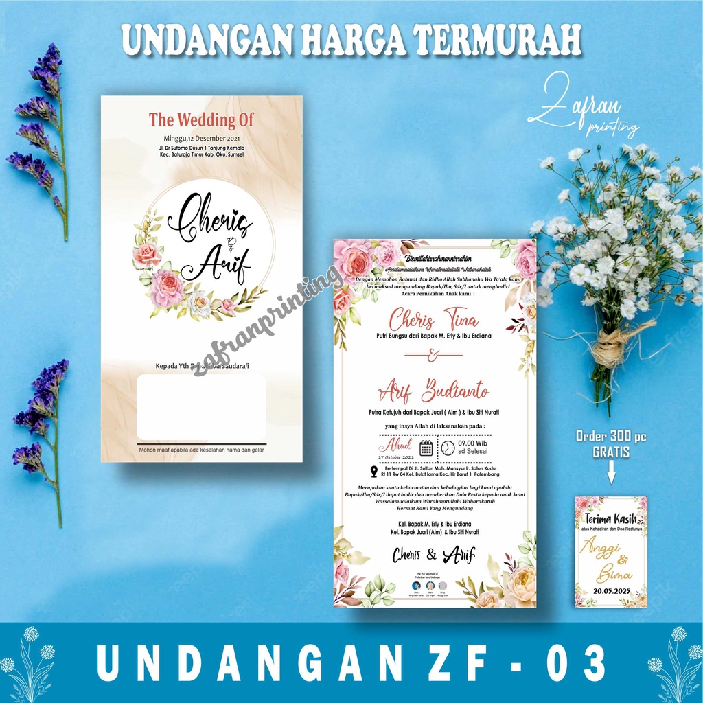 Jual Undangan Pernikahan 1 Lembar Murah, Cantik, Elegant, Simpel