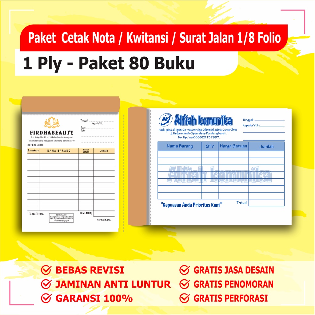 Jual Cetak Nota Custom 1 Ply Paket 80 Buku 1 Rangkap 1 Rim Nota Custom Surat Jalan Custom 3303