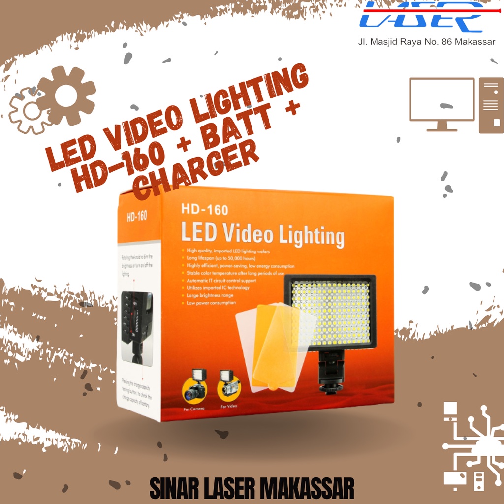 Jual LED VIDEO LIGHTING HD-160 + BATTERY + CHARGER FLASH KAMERA LENGKAP ...