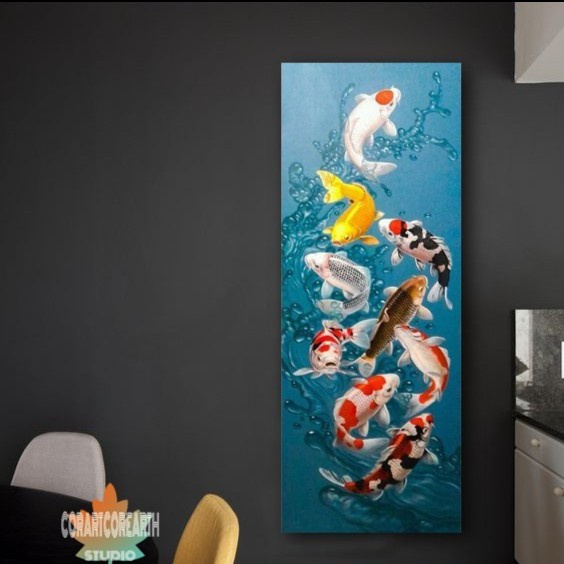 Jual Lukisan ikan koi 9 ekor fengshui berkualitas + frame siap pajang ...