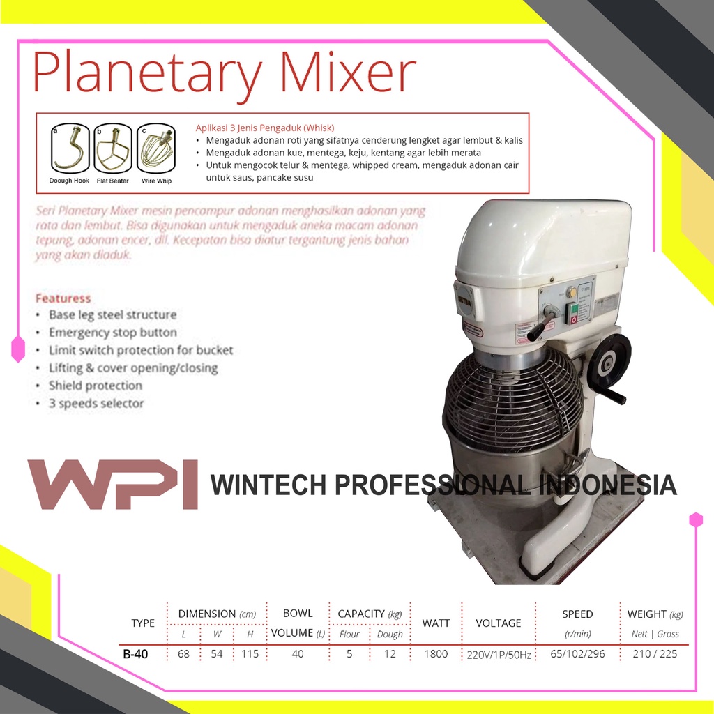 Jual Getra B-40 Planetary Mixer 40 Liter / Mixer Roti & Kue Dengan 3 ...