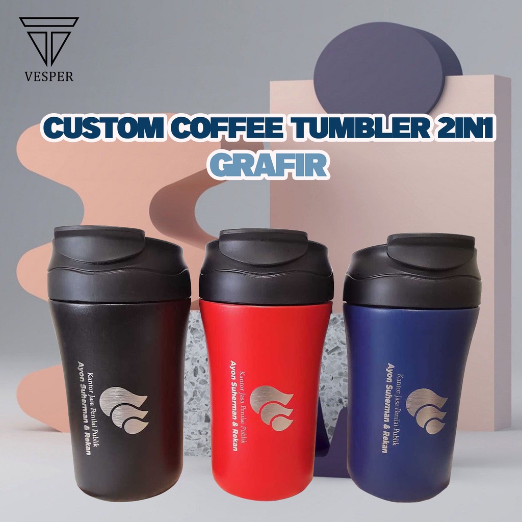 Jual coffee tumbler 2in1 400ml dual drinking with straw / CUSTOM GRAFIR
