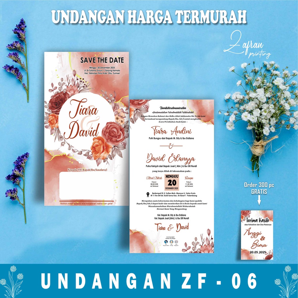 Undangan Pernikahan 1 Lembar Murah, Cantik, Elegant, Simpel, Vintage, Rustik, Surat Undangan Pernikahan ZF 06