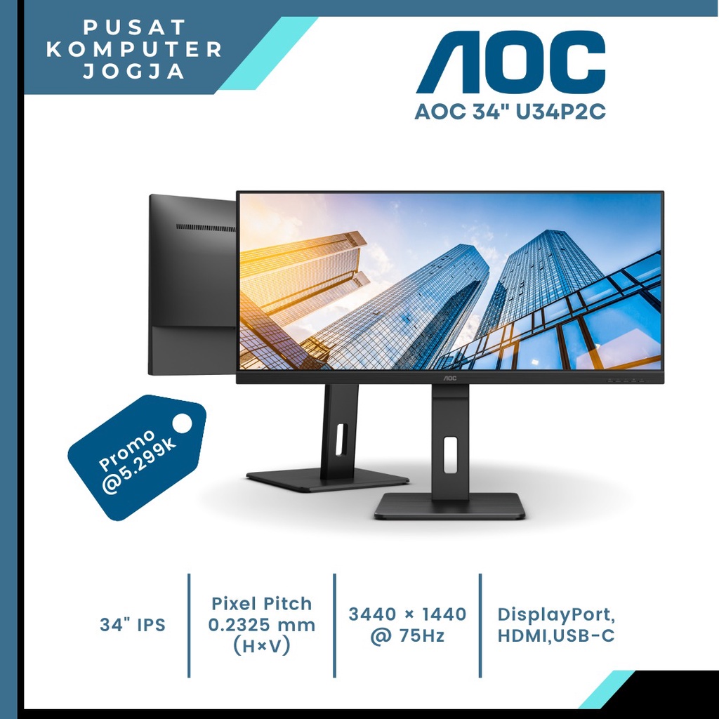 Jual AOC Monitor U34P2C 34" IPS WQHD Ultrawide HDMI DP USBC 65W