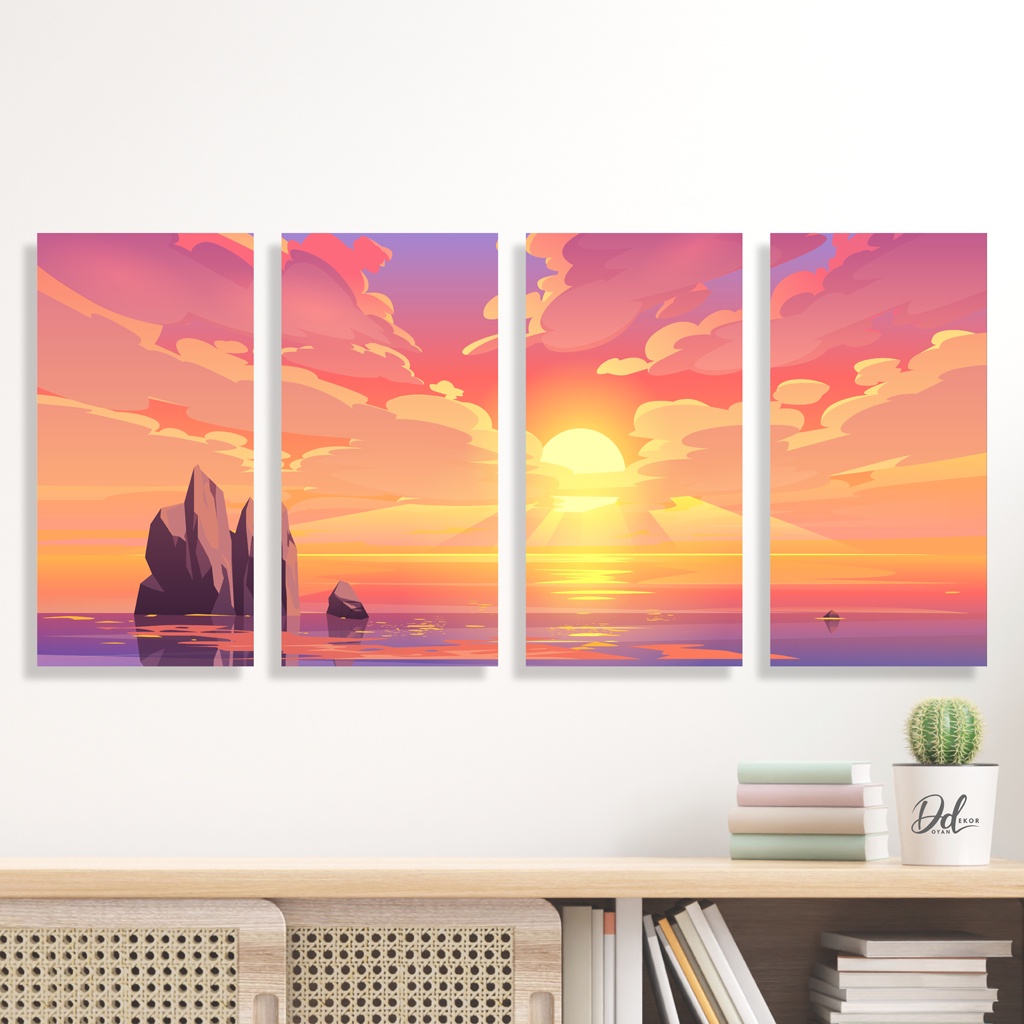 Dekorasi Dinding Pajangan Ruang Tamu Panel 1 Set 4Pcs Hiasan Estetik Lukisan View Alam Natural Unik