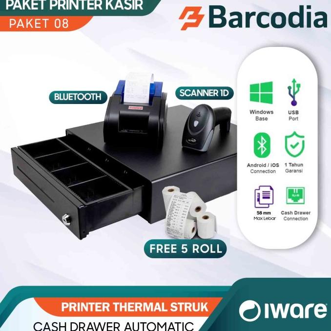 Jual Paket Kasir Android Bluetooth (Cash Drawer+Printer+Scanner+Kertas