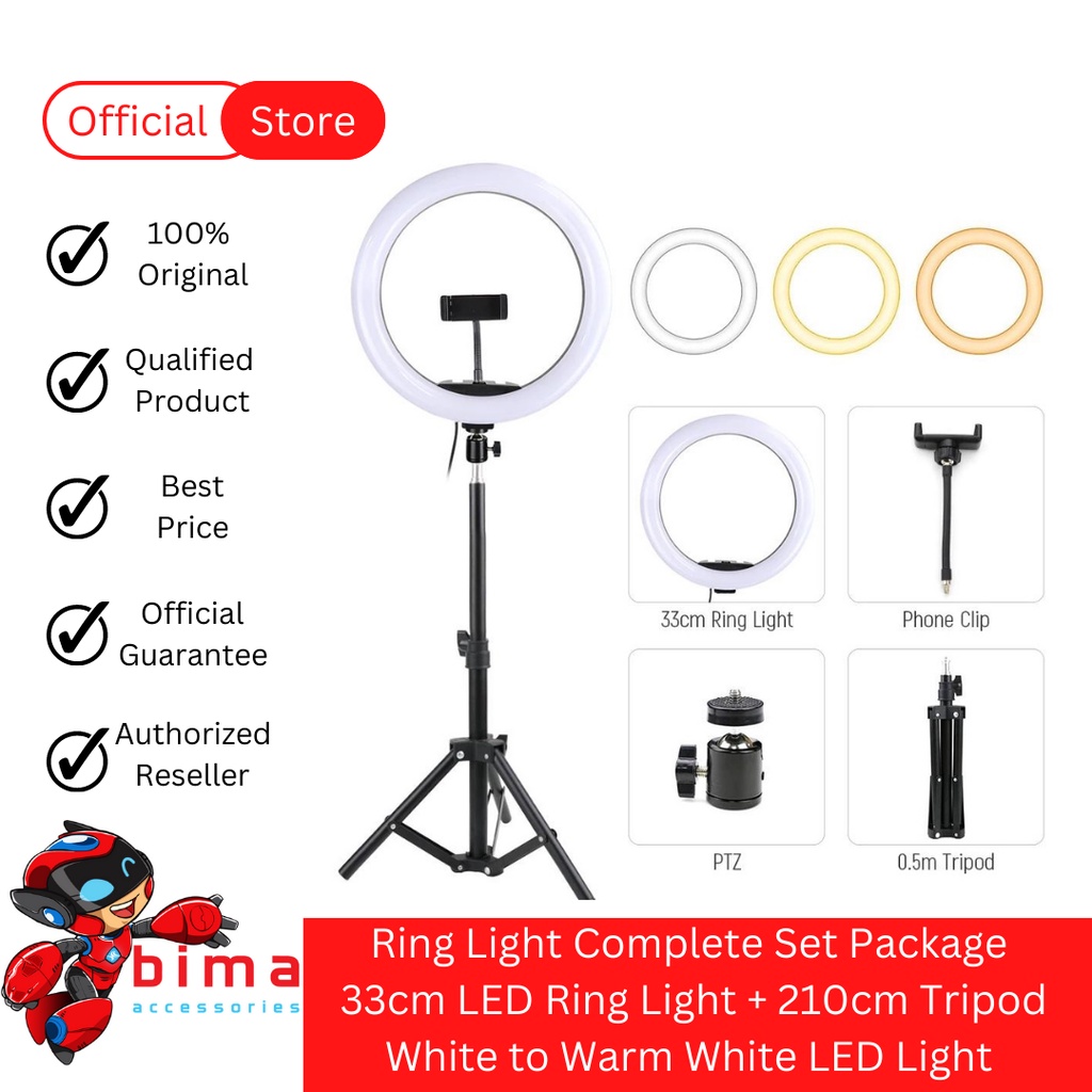 Jual Ring Light Complete set Lampu LED 33cm + Tripod 210cm + Phone Holder Complete Set Ringlight
