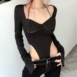 Off Shoulder Black Bodysuit Women Long Sleeve V Neck Backless