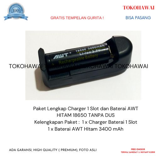 Jual Paket Lengkap Charger 1 Slot dan Baterai AWT HITAM 18650 TANPA DUS ...