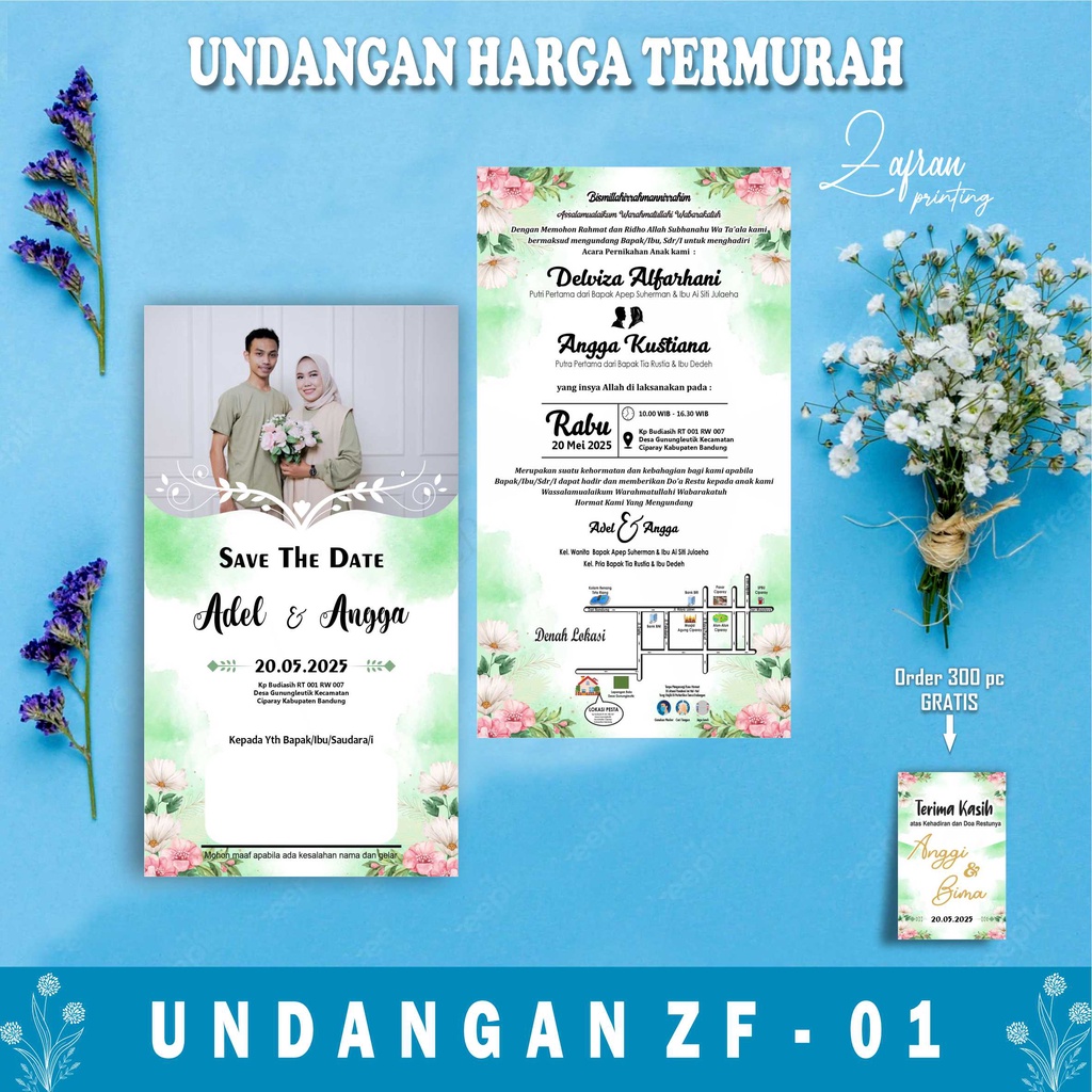 Jual Undangan Pernikahan 1 Lembar Murah, Cantik, Elegant, Simpel