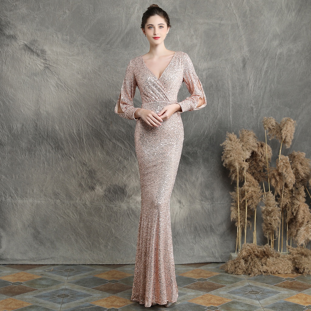 Jual Temperamen Perjamuan Baru Elegan Lengan Panjang Payet Ratu Mermaid Evening Dress Shopee