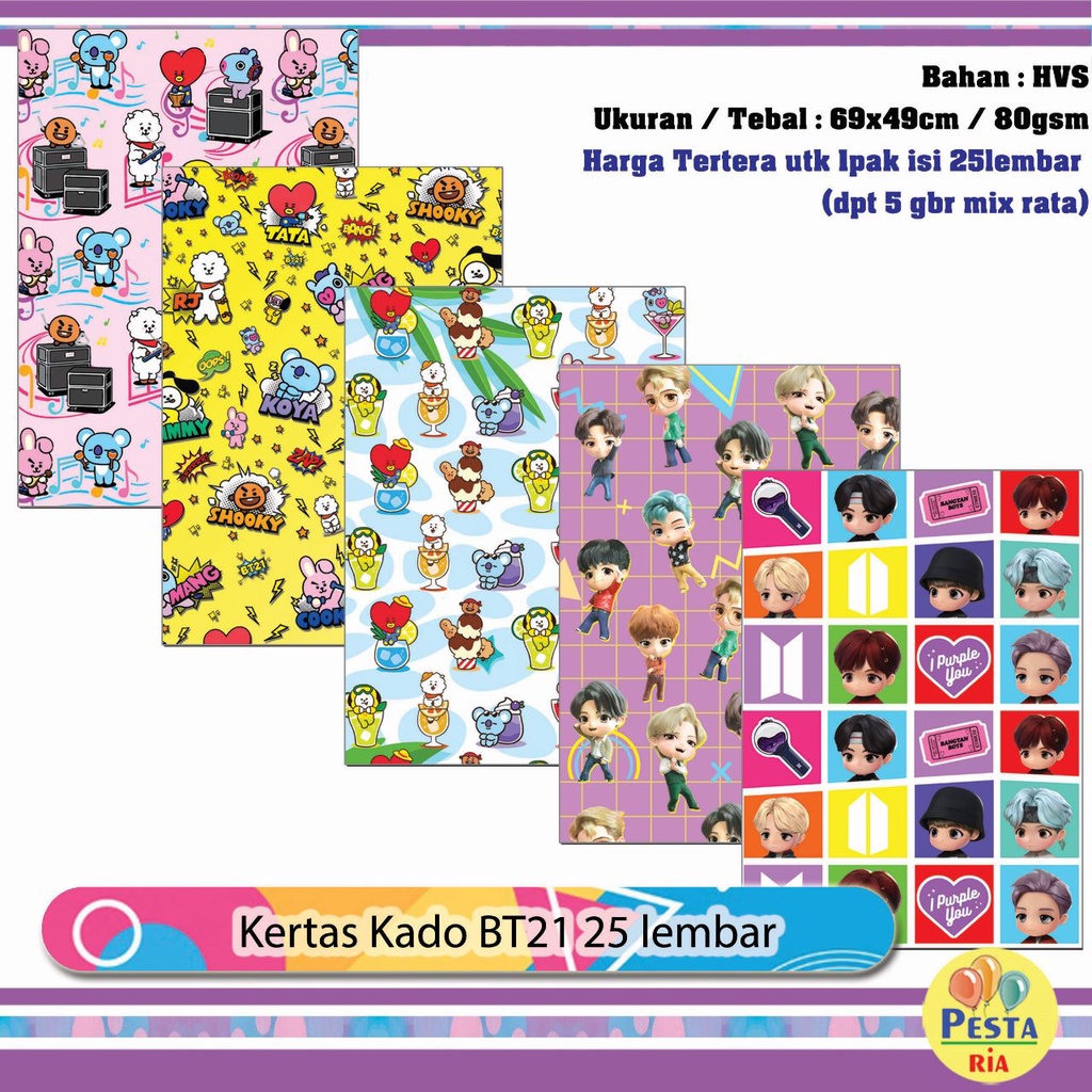 Jual Murah!! (1Set isi 25lmbr) Kertas kado karakter BT21, kertas kado