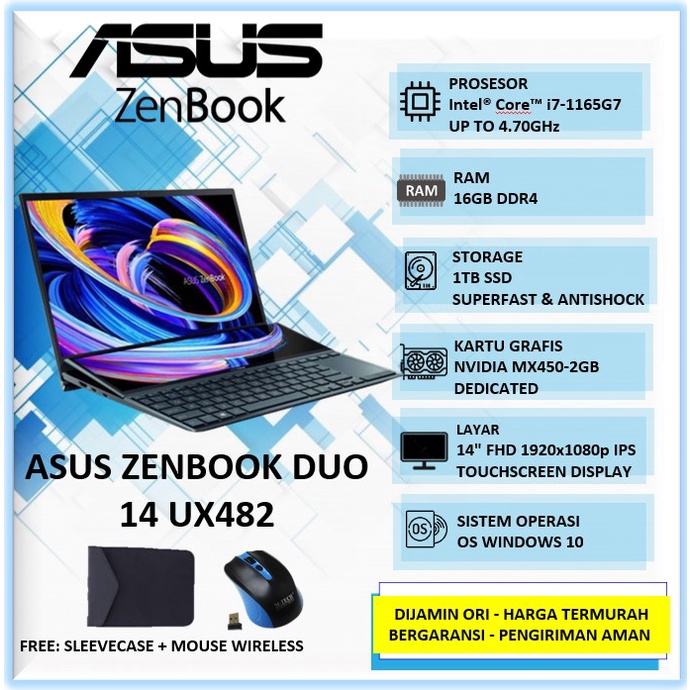 Jual Laptop Asus Zenbook Duo 14 UX482EAR Intel Core I7 Ram 16GB