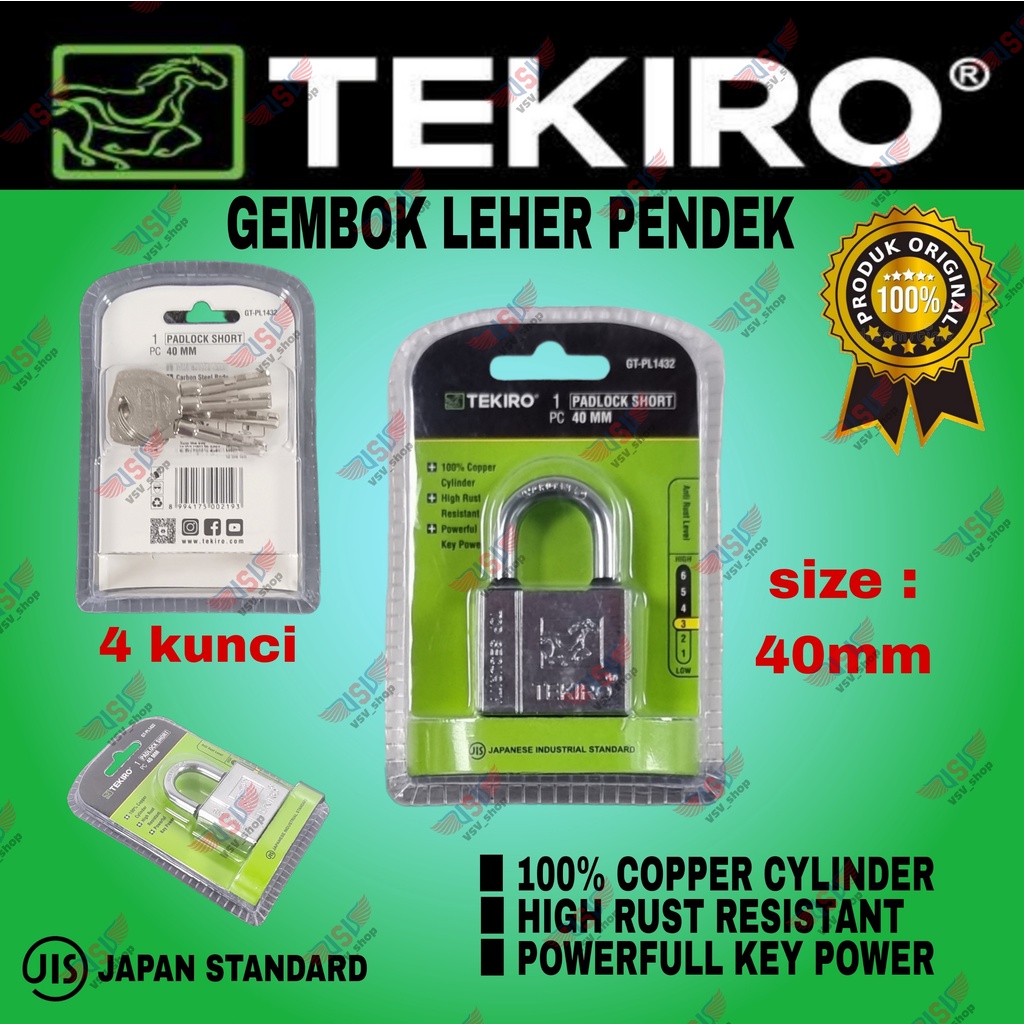 Jual TEKIRO Gembok Leher Pendek 40mm Kunci Gembok Rumah Anti Maling