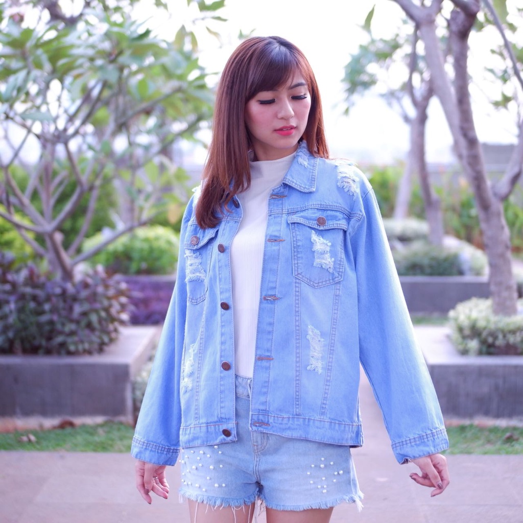 Jual Twosister Marinka Jaket Jeans Ripped Standard dan Oversize Shopee Indonesia