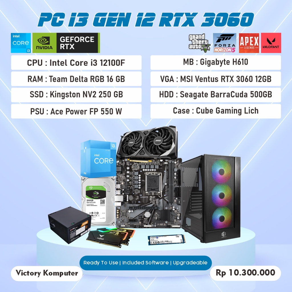 Jual PC Gaming Intel Core i3 12100F RTX 3060 Ram 16 GB SSD 250 GB HDD ...