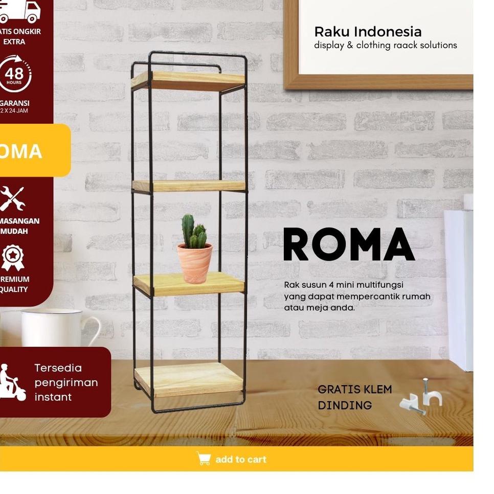 Jual Terbatas ROMA rak susun 4 mini tiang besi dengan ambalan kayu rak ...