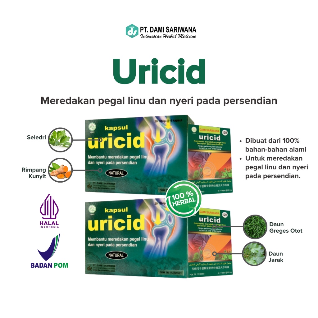 Jual Jamu Herbal Uricid 20 Blister 4 Kapsul Meredakan Asam Urat Pegal