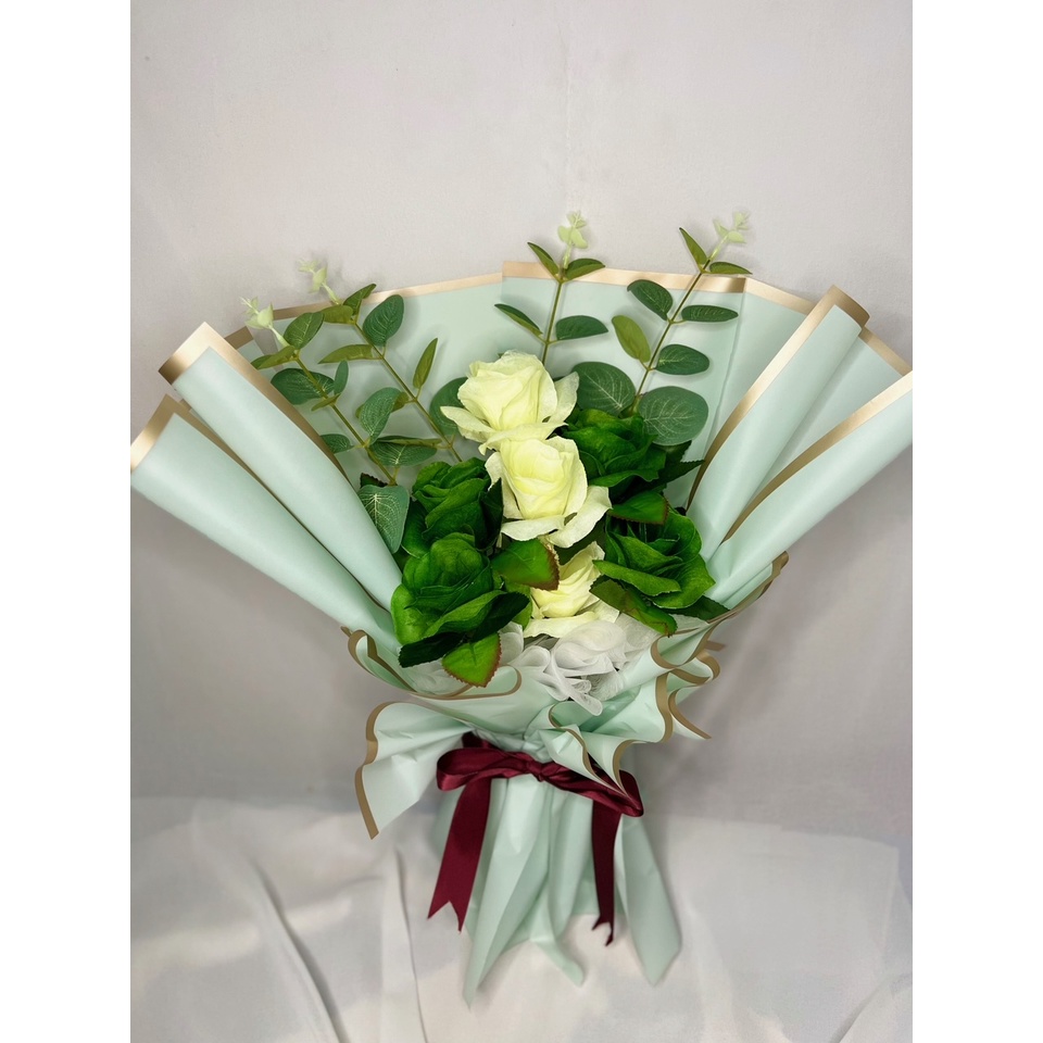 Jual Buket Bunga Mawar Artificial Hijau mix Putih Gading Souvenir