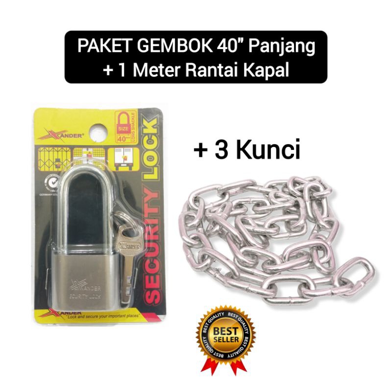 Jual Paket Murah Gembok 40mm Xander 1 Meter Rantai Kapal 1 4inch