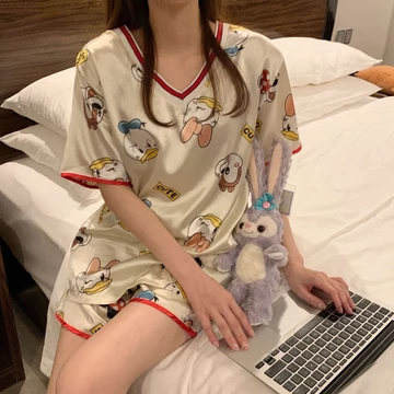 MURHOL Baju Tidur Wanita Satin Set V Neck Lengan Pendek Celana Pendek Setelan Perempuan Baju