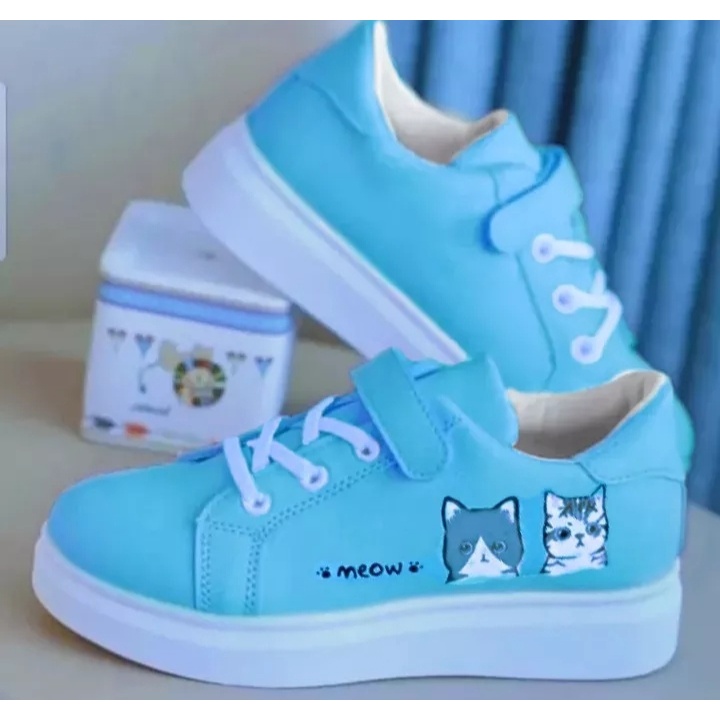 Jual Sepatu Anak Perempuan Sepatu Sneakers Motif Meow Kucing Warna Biru ...