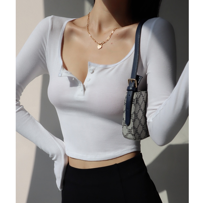 Jual [Premium] Kaos Wanita Lengan Panjang Import Crop Top Tshirt Putih