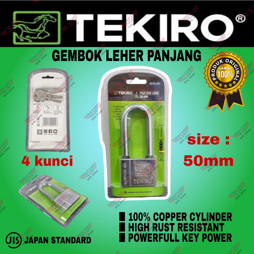 Jual Tekiro Gembok Leher Panjang 50mm Kunci Gembok Rumah Anti Maling