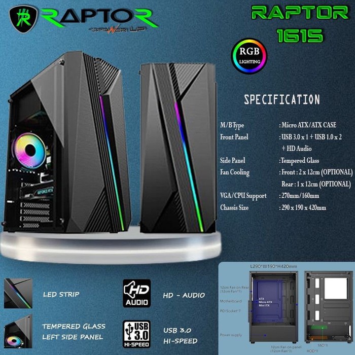 Jual Casing Power Up Raptor Black With Led Strip Rgb Casing