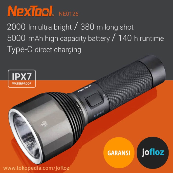 Jual NEXTOOL SENTER LED CREE 2000 LUMENS 380M IPX7 USB TYPE C +BATERAI ...
