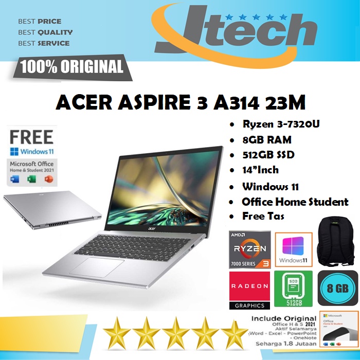 Jual ACER ASPIRE 3 A314 - RYZEN 3-3250 - 8GB - 512GB SSD - 14