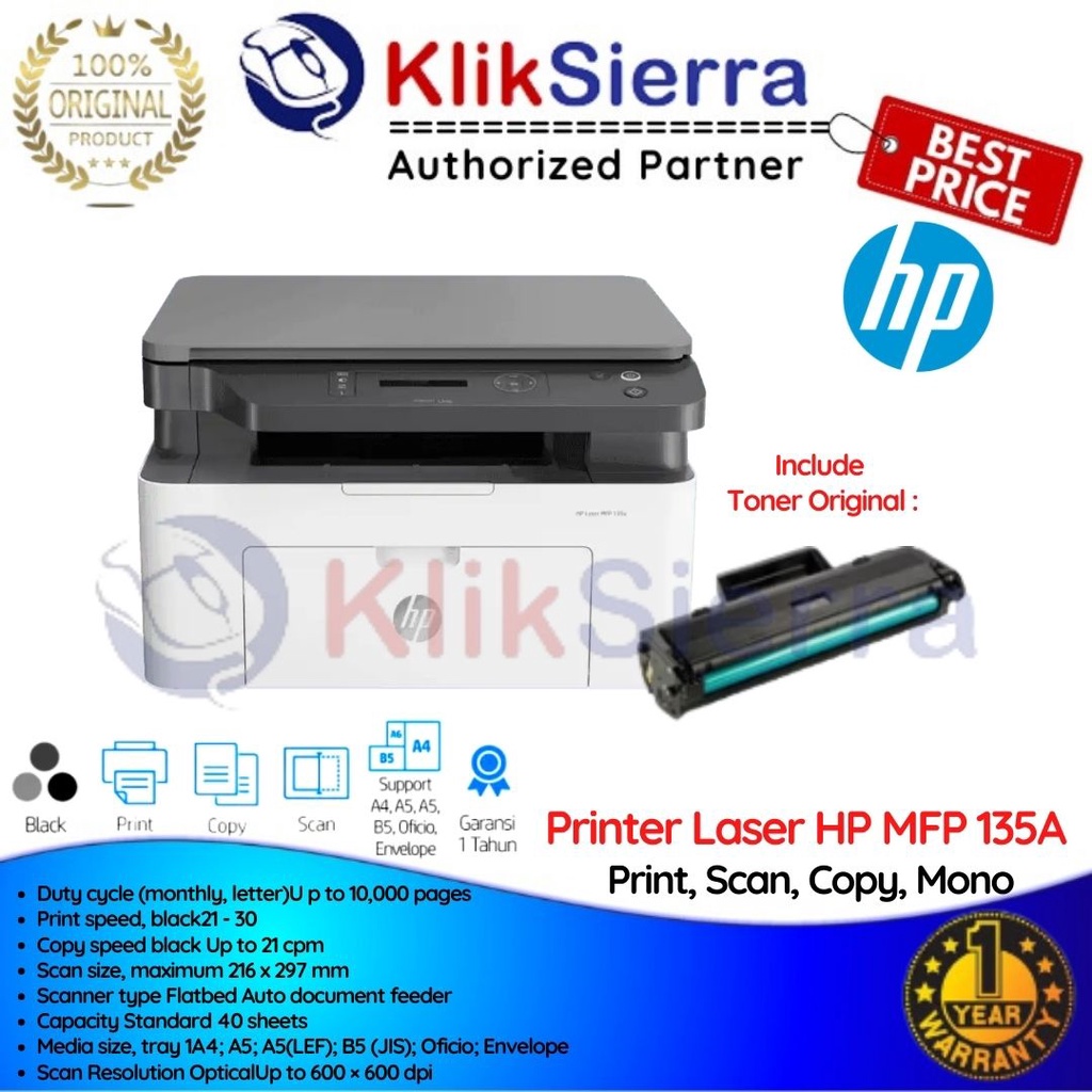 Jual HP MFP 135A Printer Laser All In One Mono Laserjet MFP135A 4ZB82A ...
