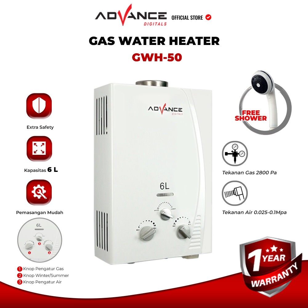 Jual Advance GWH50 Gas Water Heater Pemanas Air Kamar Mandi Gas Bonus Selang Dan Shower Shopee