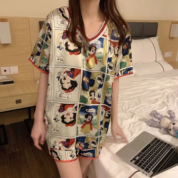 MURHOL Baju Tidur Wanita Satin Set V Neck Lengan Pendek Celana Pendek Setelan Perempuan Baju
