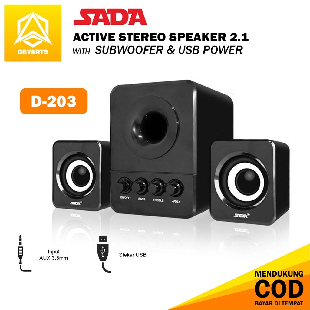 SADA D-203 Active Speaker Stereo 2.1 dengan Subwoofer & USB Power Mini  Speaker Aktif untuk Laptop Komputer PC