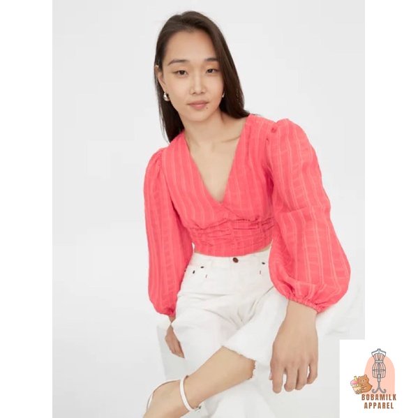 Jual Pomelo Runched Puff Sleeve Cherry Blossom Red Crop Blouse Top