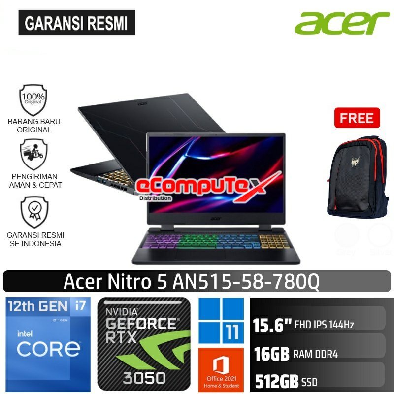 Jual LAPTOP GAMING ACER NITRO 5 AN515-58-780Q / CORE I7-12700H / NVIDIA ...