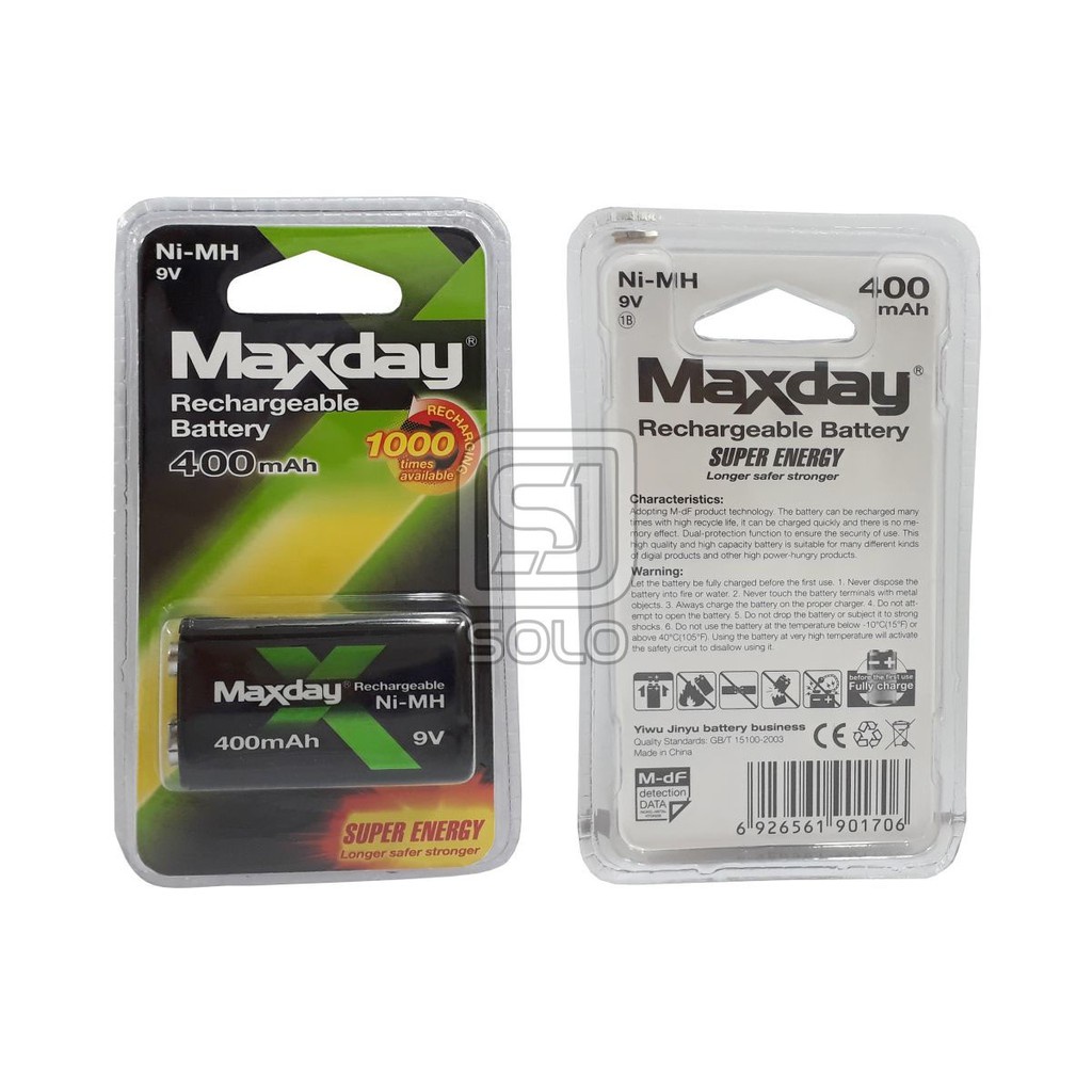 Jual Baterai Batre Batere Kotak Maxday Ni MH 9V 400mAh Rechargeable ...