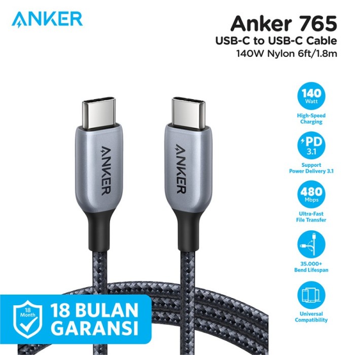 Jual ANKER 765 Kabel Charger 140W USB Type C To C PD SFC 6FT 1,8M ...