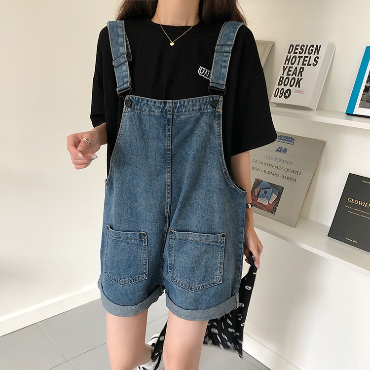 Jual Korean Style Jumpsuit Pendek Denim Tali Kiatan Celana Kodok Wanita