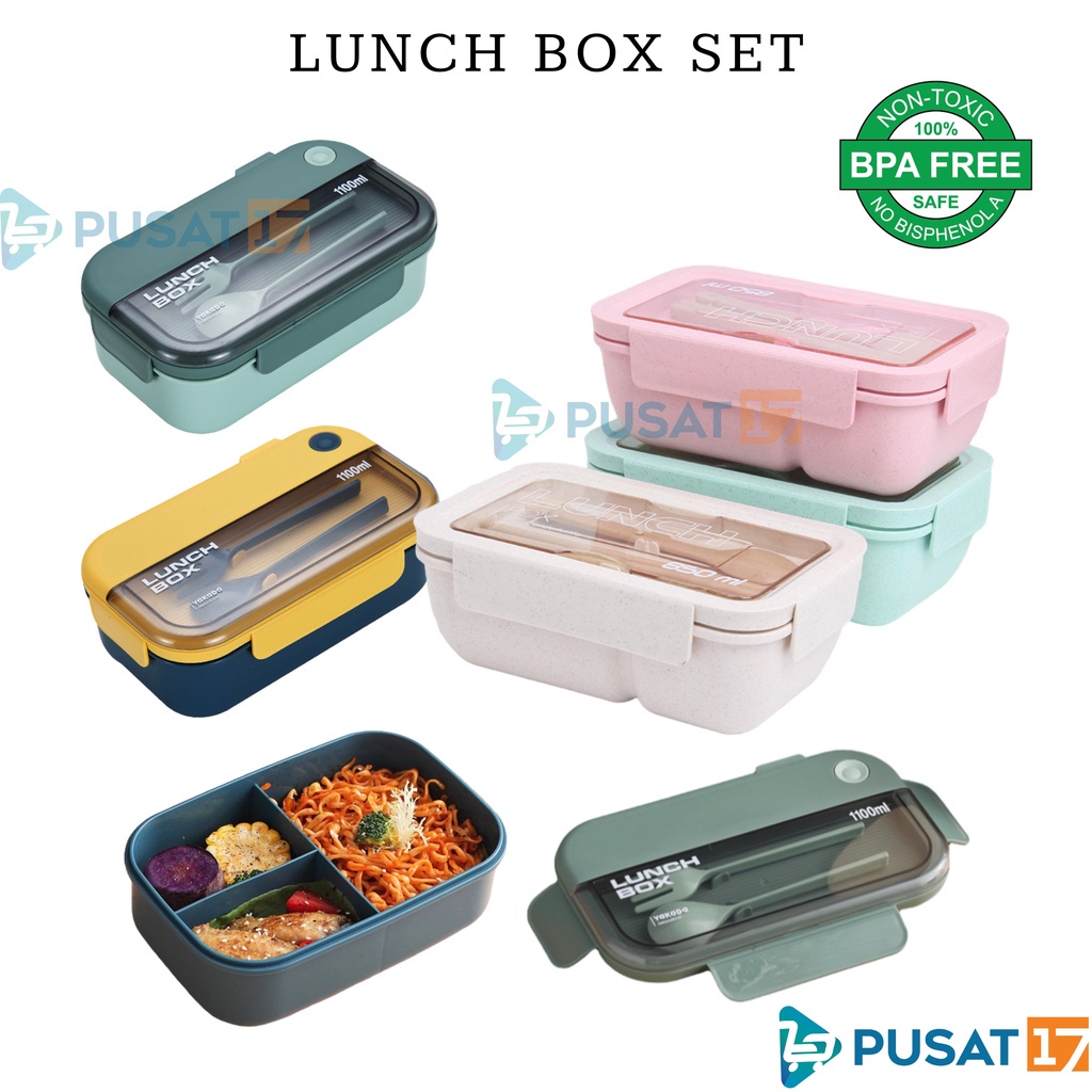 Jual Pusat17 Lunch Box Set Sendok Garpu Wheat Straw Kotak Bekal Makan 3 Sekat Jerami Gandum 4587